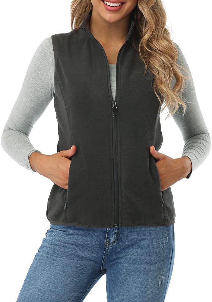 fuinloth Fleece Weste für Damen, Leicht Ärmellose Standkragen mit Reissverschlusstaschen XS Holzkohl