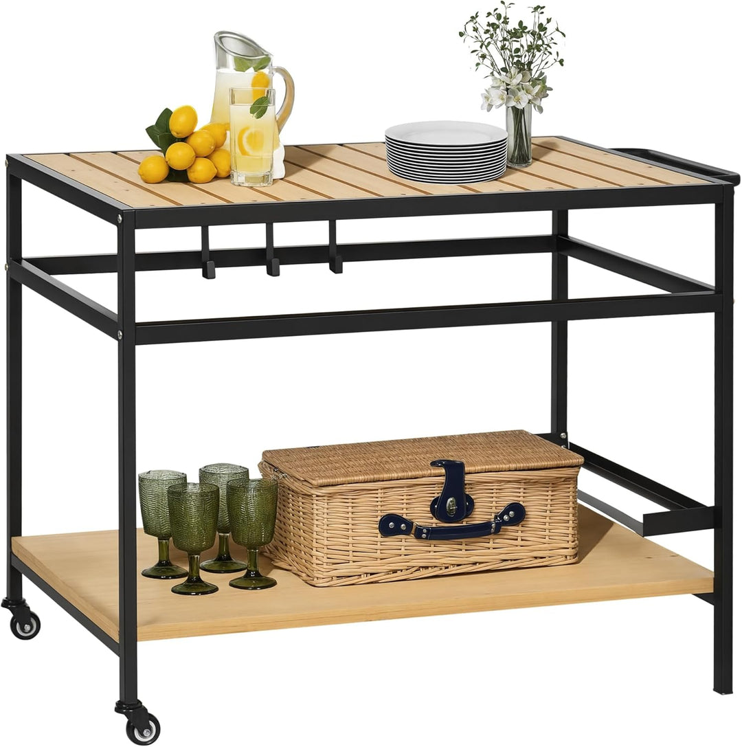 Outsunny Servierwagen, Gartenrollwagen mit Haken, Barbecue Trolley mit 2 Regalen, Outdoor Multifunkt