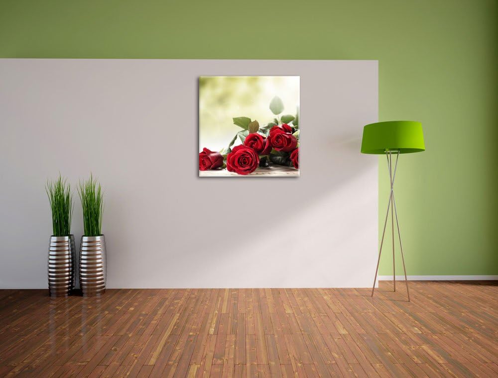Rosenstrauss auf Holztisch, Format: 70x70 auf Leinwand, XXL riesige Bilder fertig gerahmt mit Keilra