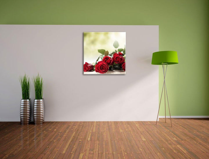 Rosenstrauss auf Holztisch, Format: 70x70 auf Leinwand, XXL riesige Bilder fertig gerahmt mit Keilra