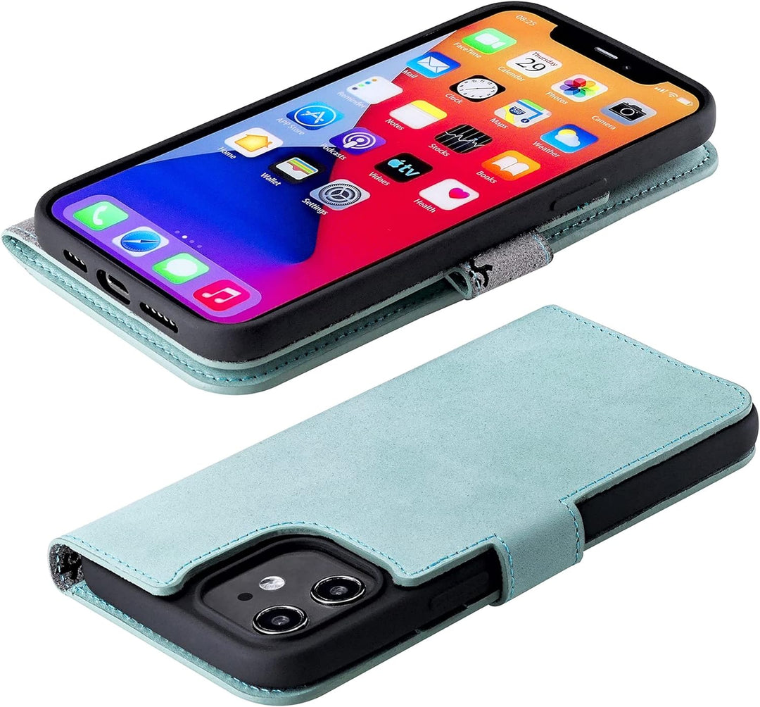 Suncase Book-Style Hülle kompatibel mit iPhone 12 (6.1") Leder Tasche (Slim-Fit) Lederhülle Handytas