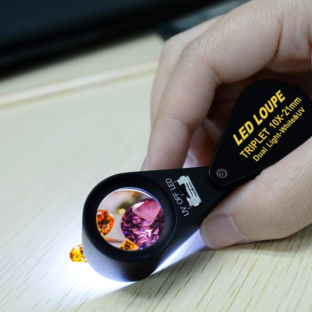 10x21mm Lupe Juwelier Lupe LED UV-Licht Triplet Objektiv Vergrösserungsstein Optisches Werkzeug 10-f