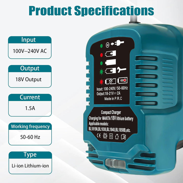 Ladegerät Ersatz für Makita DC18RC,18V 2A Ersatz-Ladegerät für Makita 18V Lithium-Ionen-Akku BL1860B