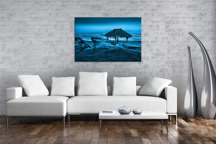 deyoli tropische Hütte am Strand Format: 80x60 Effekt: Monocrome Blau als Leinwand, Motiv fertig ger