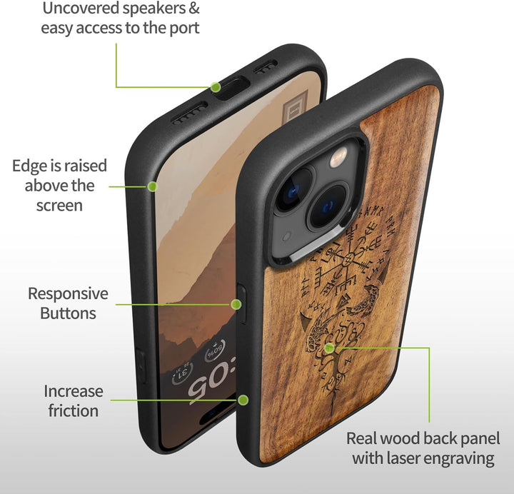 Carveit Holz Handyhülle für iPhone 15 Plus hülle, Kompatibel mit Magsafe Silikon Stossfeste Cover, M