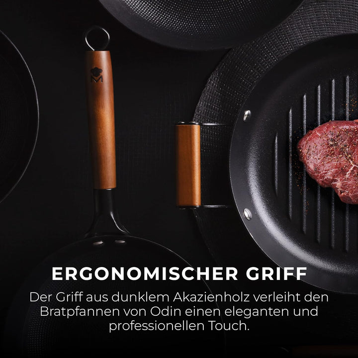 MasterPRO Odín | Pfanne Antihaftbeschichtet 16 cm | Aus Gepresstem Eisen | Ergonomischer Akazienholz
