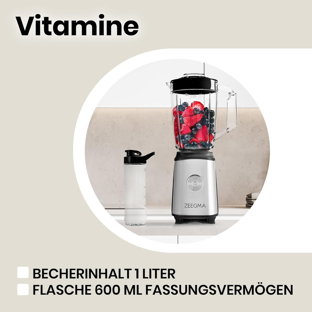 ZEEGMA Vitamine Multifunktion 4-in-1 Standmixer 1050W mit 1L Krug, Elektrischer Juicer Blender, Smoo