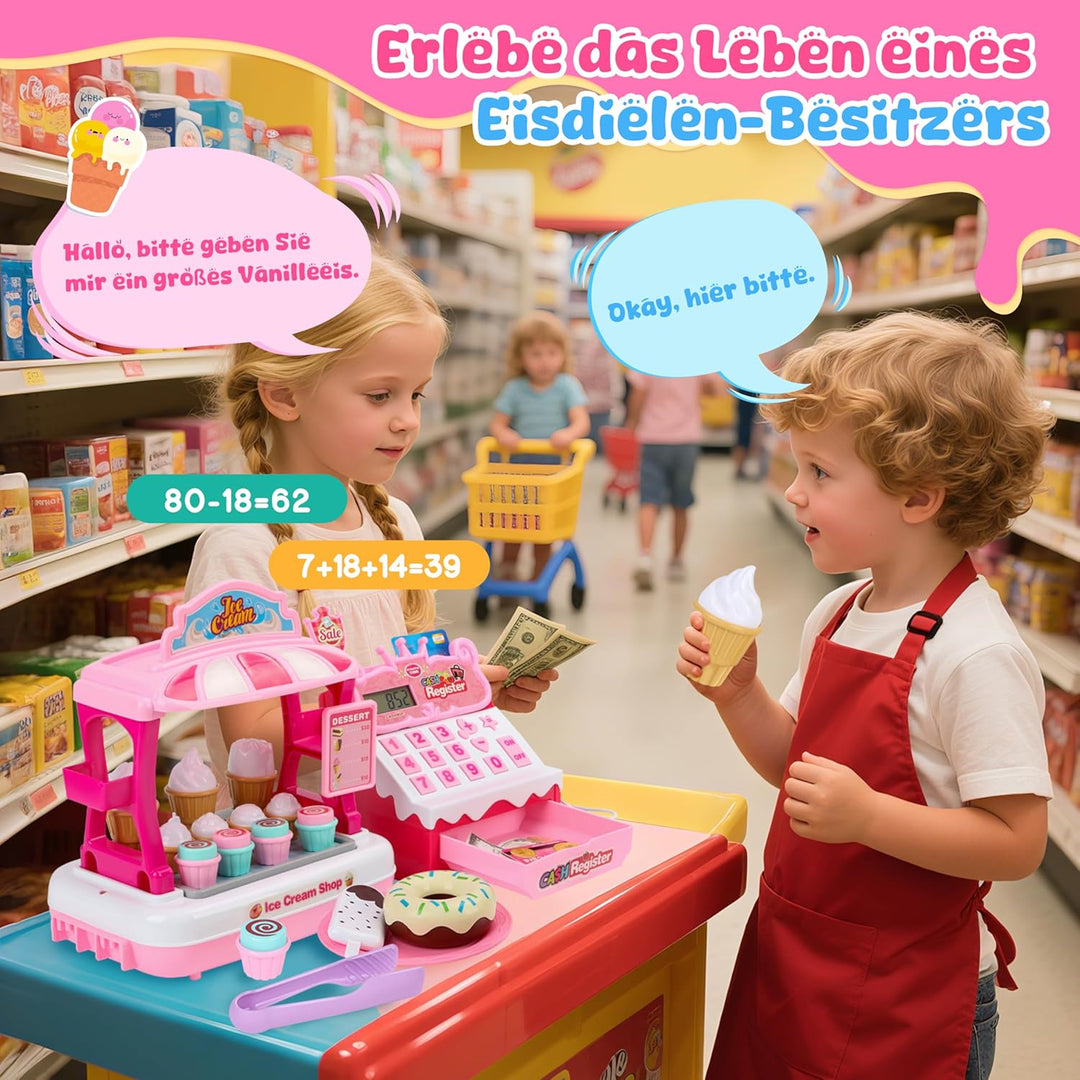 Charmofun Kasse Spielzeug mit Eisdiele für Kinder - inkl. 48 Zubehör (15 Eiscreme, 5 Kuchen, 7 Beste