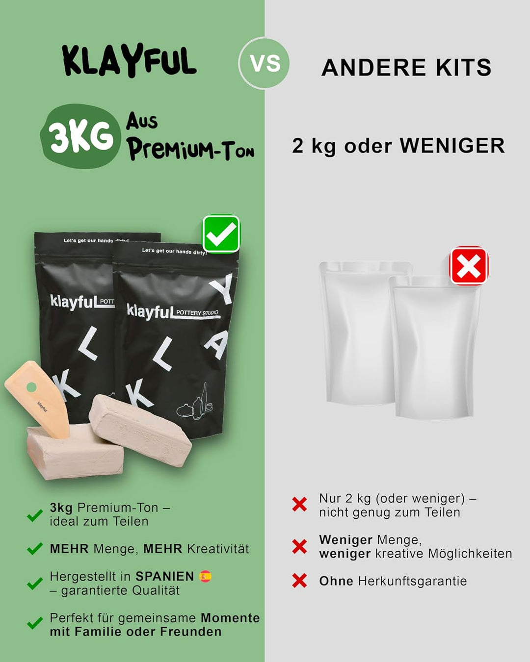 KLAYFUL Ton Töpferset für Anfänger für zu Hause - Lufttrocknend. Das Kit enthält: 3 kg weissen Ton,