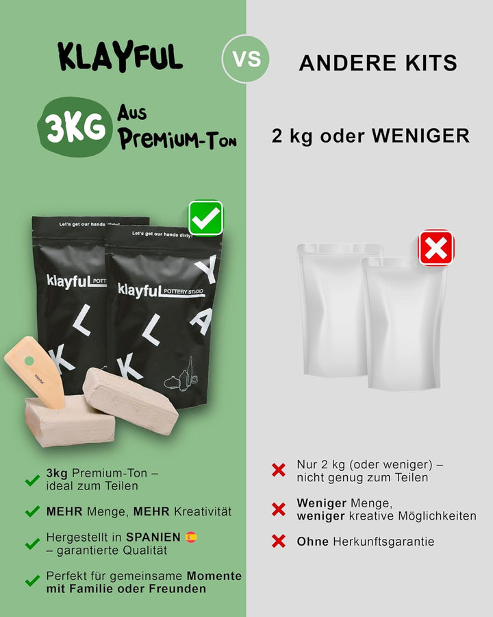 KLAYFUL Ton Töpferset für Anfänger für zu Hause - Lufttrocknend. Das Kit enthält: 3 kg weissen Ton,