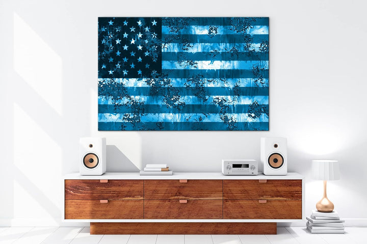 deyoli rostige USA Flagge Format: 100x70 Effekt: Monocrome Blau als Leinwandbild, Motiv fertig gerah