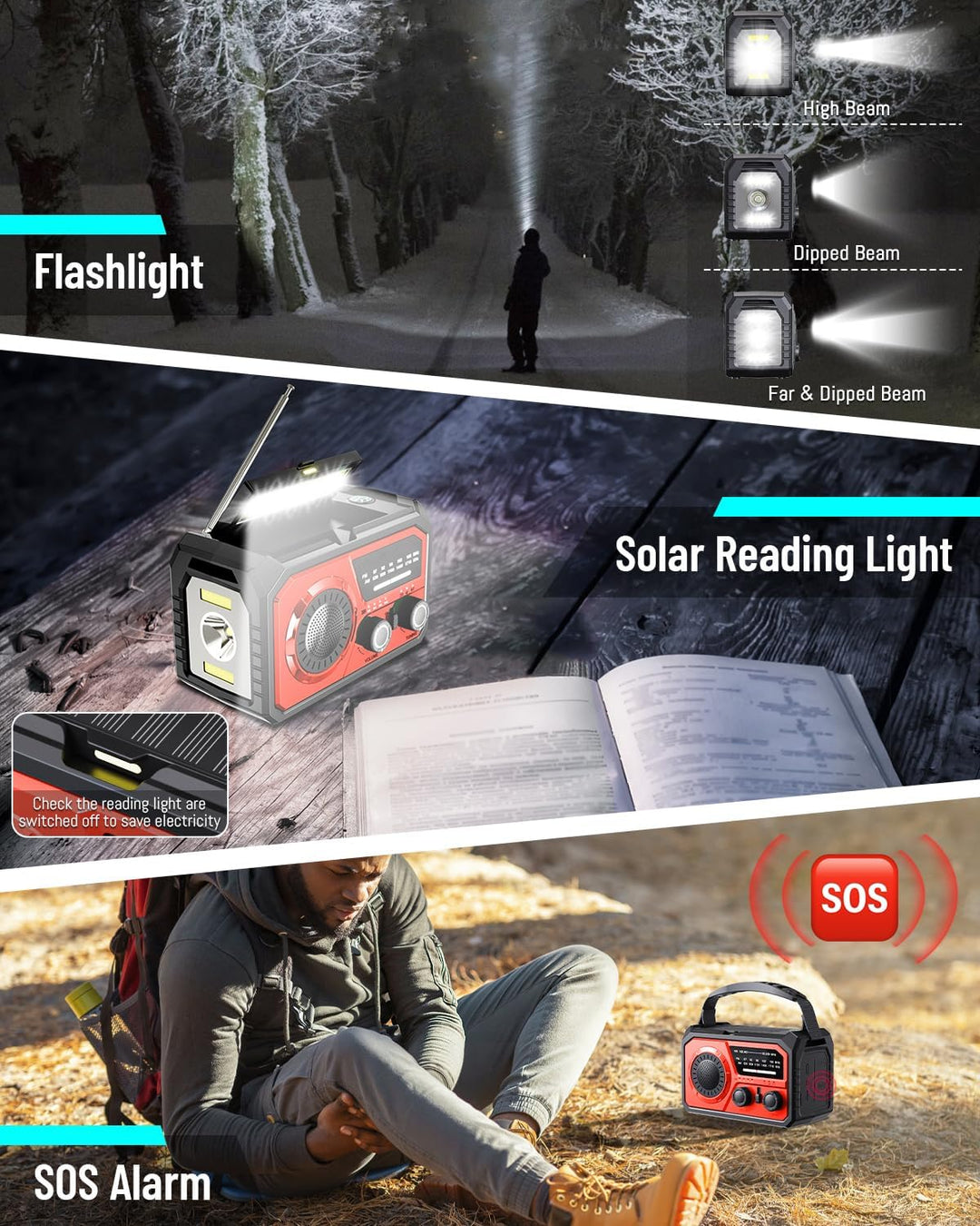 16000mAh Solar Radio,AM/FM Kurbelradio Tragbar USB Notfallradio mit 59200mWh Wiederaufladbare Batter