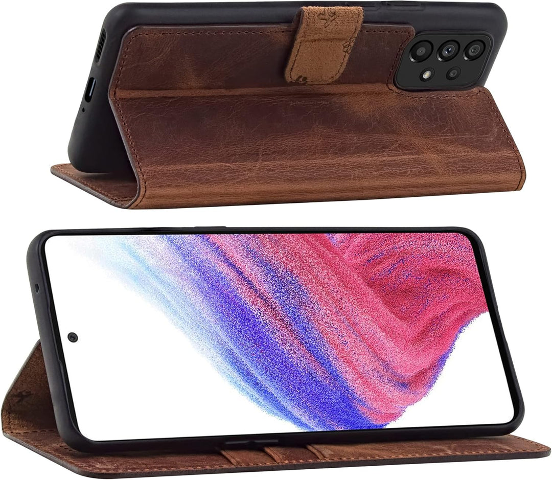 Suncase Book-Style Hülle kompatibel mit Samsung Galaxy A53 5G Leder Tasche (Slim-Fit) Lederhülle Han