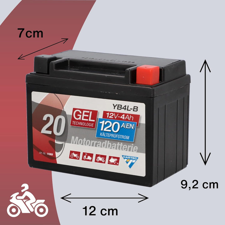CARTEC Motorradbatterie YB4L-B, 4Ah 56A, Gel Technologie Motorrad-Starter-Batterie, Erstausrüsterqua