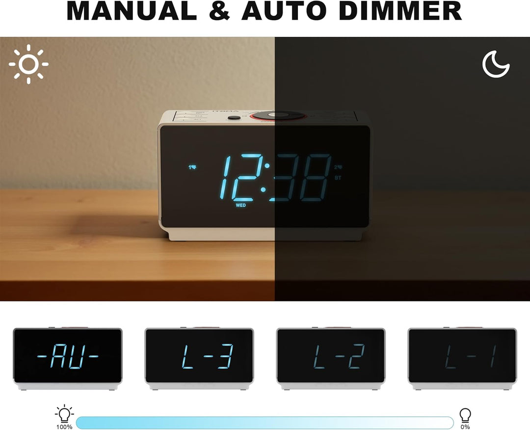 Radioweaker mit Bluetooth Lautsprecher, FM Radio, Dual Wecker mit Snooze, grosse LED Anzeige, Dimmer