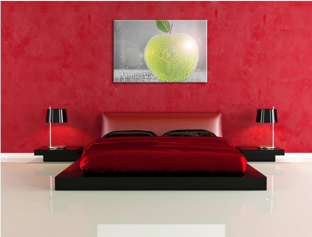 Grüner saftiger Apfel mit Wasserperlen schwarz/weiss Format: 100x70 auf Leinwand, XXL riesige Bilder