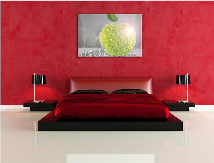 Grüner saftiger Apfel mit Wasserperlen schwarz/weiss Format: 100x70 auf Leinwand, XXL riesige Bilder