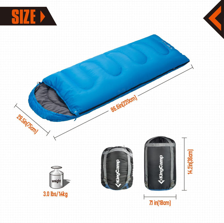KingCamp Oasis Schlafsack, 3 Jahreszeiten, warm, bequem, leicht, tragbar, mit Kapuze, für drinnen un