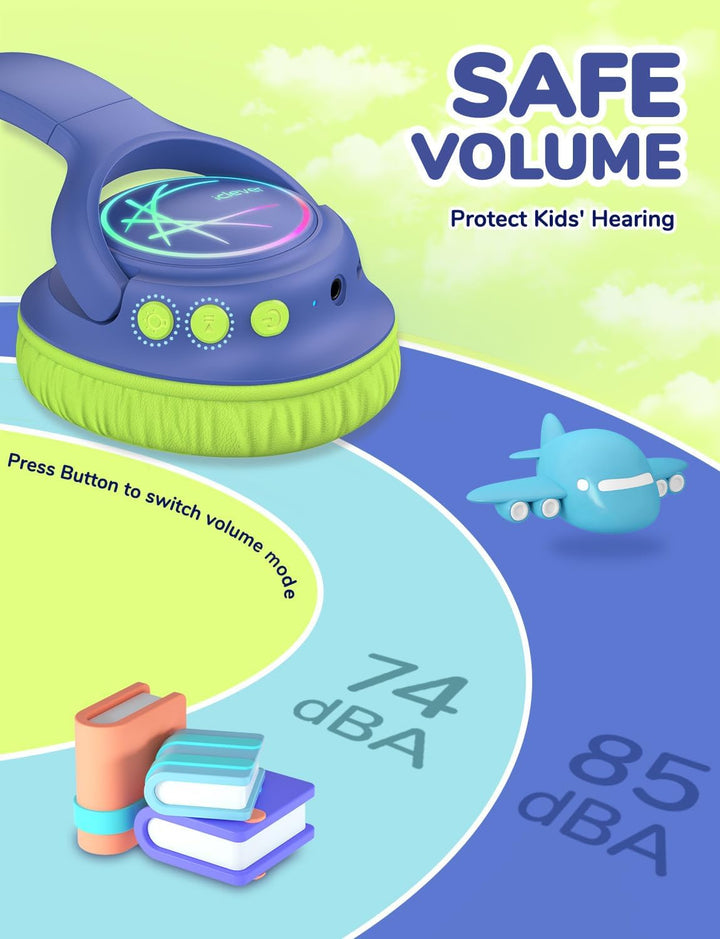 iClever Bluetooth kopfhörer Kinder mit LED-Leuchten, 74/85dBA Lautstärkebegrenzung, 43 Stunden Spiel