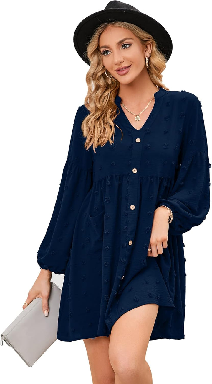 KOJOOIN Damen Tunika Kleid Langarm Swing Kleid kurz V-Ausschnitt Knopfleiste Blusenkleid Swiss Dot C