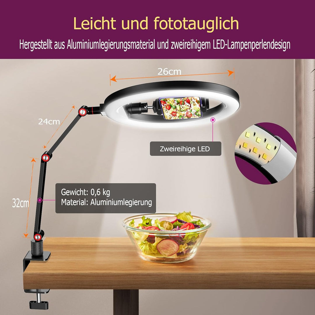 10'' Ringlicht für Schreibtisch mit Ständer und Telefonhalter, Overhead Stativ Ringlicht, Videokonfe