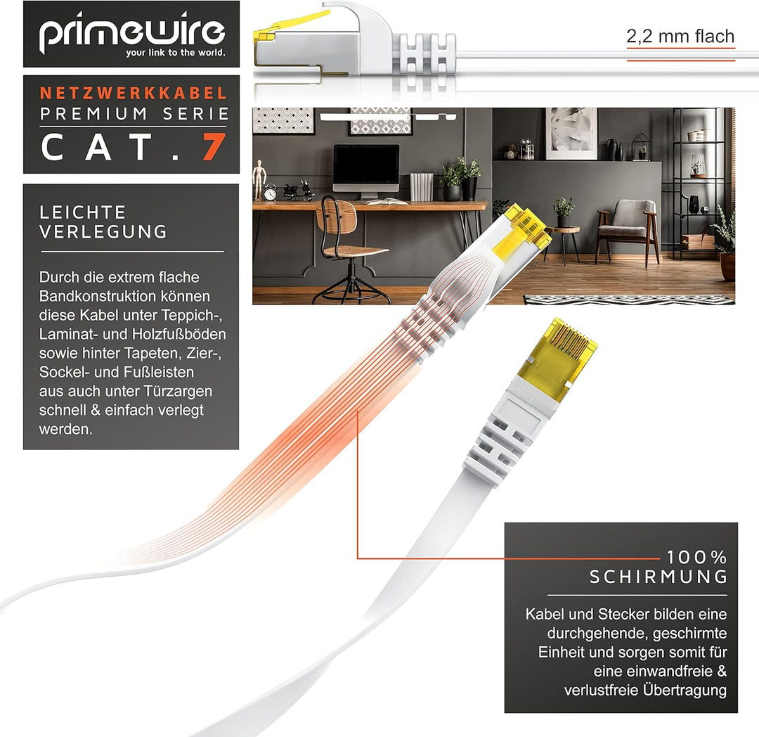 30m CAT 7 Netzwerkkabel Flach - Ethernet Kabel - Gigabit Lan 10 Gbit s - Patchkabel - Flachbandkabel
