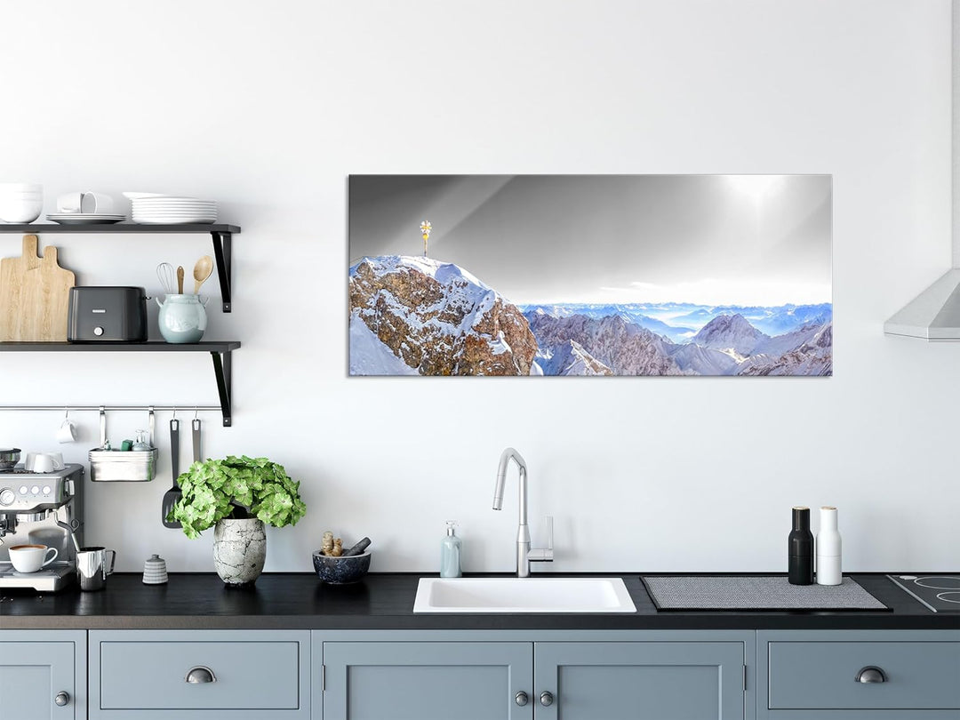 Glasbild Panorama | Wandbild aus Echtglas | Zugspitze im Sonnenlicht | 100x40 cm | inkl. Aufhängung