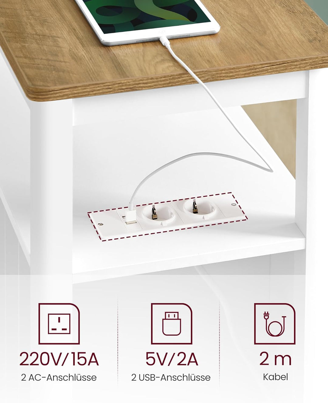 VASAGLE Beistelltisch, schmaler Nachttisch mit Steckdosenleiste, 2 Schubladen, Sofatisch, für kleine