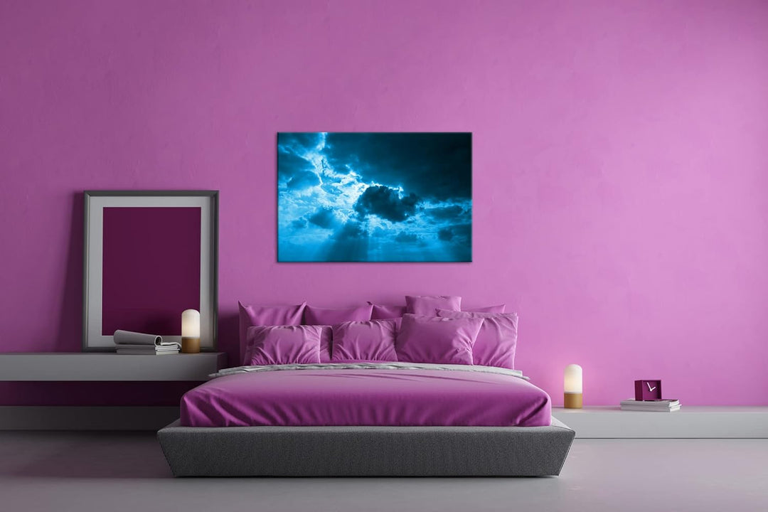 deyoli strahlende Wolken Format 80x60 Effekt: Monocrome Blau als Leinwandbild, Motiv fertig gerahmt