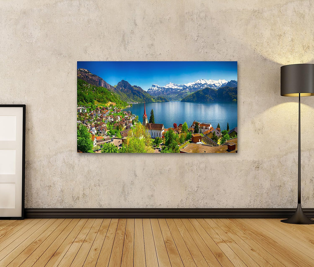 islandburner Bild auf Leinwand Dorf Weggis Vierwaldstättersee Umgeben Von Schweizer Alpen Panorama B