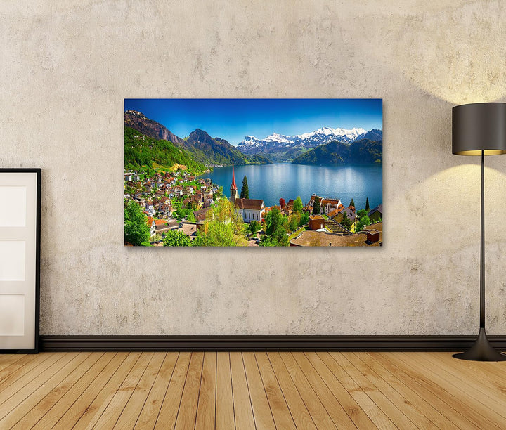 islandburner Bild auf Leinwand Dorf Weggis Vierwaldstättersee Umgeben Von Schweizer Alpen Panorama B