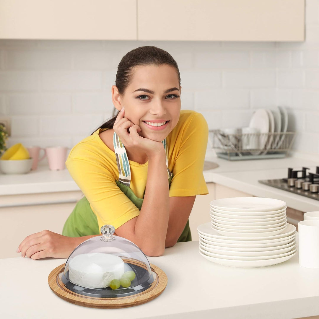 Relaxdays Käseglocke mit Käsebrett, Stahl Käsebesteck, Käsemesser, Käsegabel, Servierplatte, Bambus,