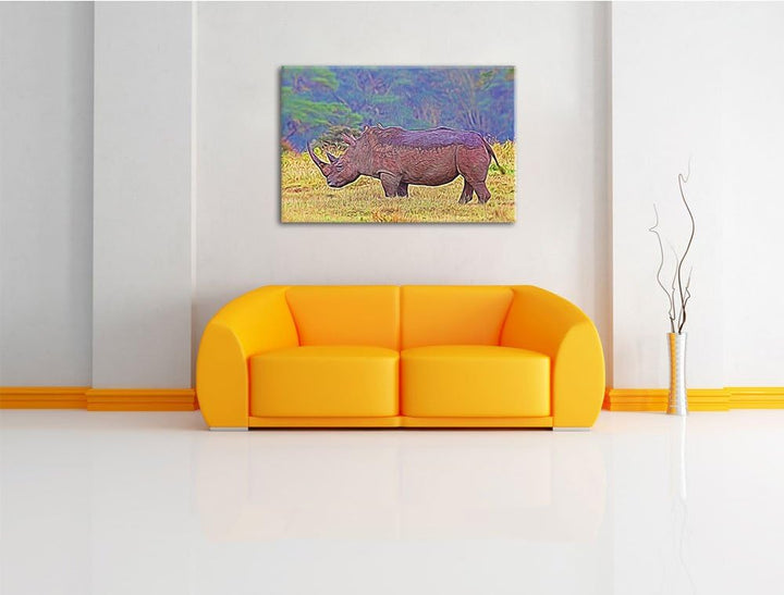 grosses Nashorn in der Savanne Spezial Format: 100x70 cm auf Leinwand, XXL riesige Bilder fertig ger