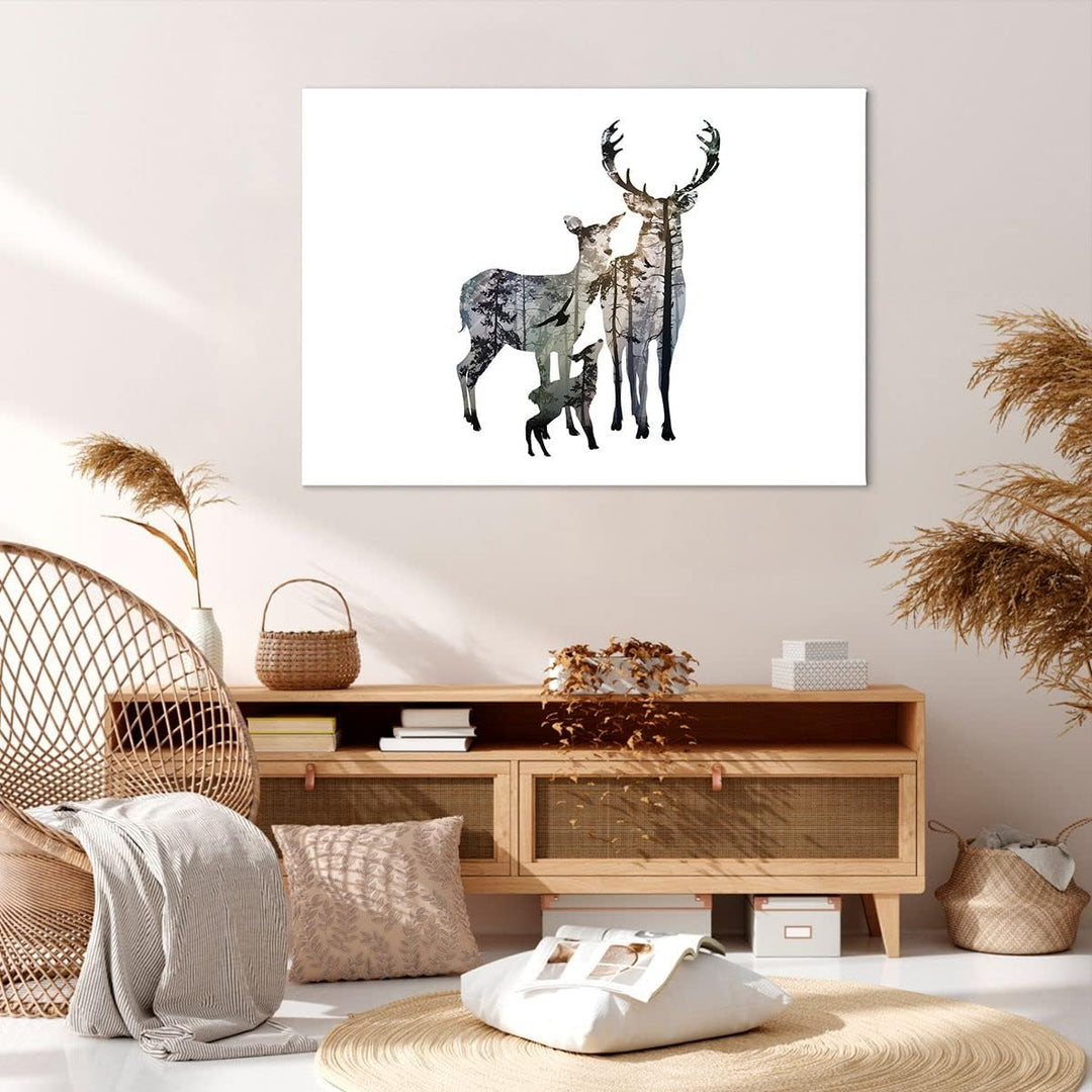 Bilder auf Leinwand 100x70cm Leinwandbild Deer Familie Wildheit Illustration Gross Wanddeko Bild Sch