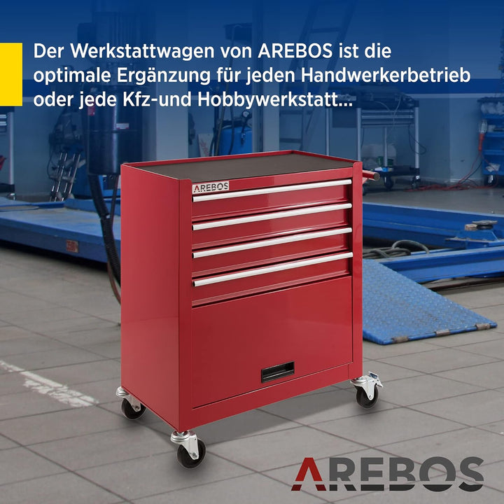 Arebos Werkstattwagen 4 Fächer + grosses Fach für Werkzeug | inkl. Antirutschmatten |kugelgelagerte