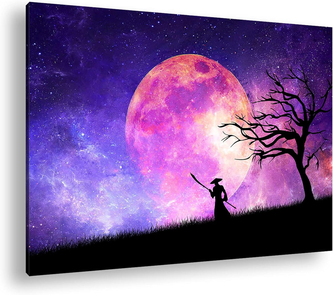 deyoli Samurai im Mondschein Format: 80x60 als Leinwandbild, Motiv fertig gerahmt auf Echtholzrahmen