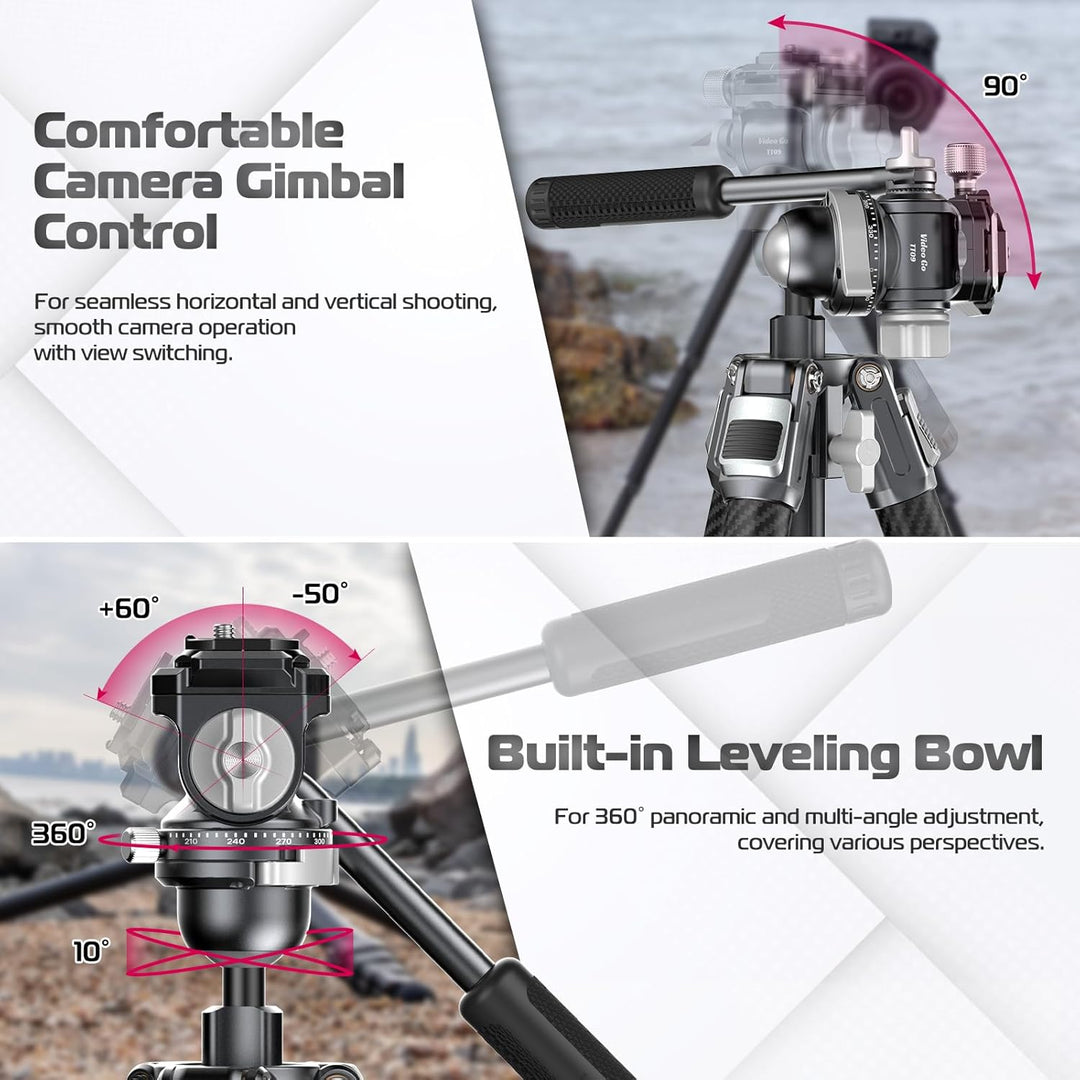 Videostativ Carbonfaser, ULANZI TT09 VideoGo Travel Tripod Reisestativ mit Fluidkopf 360° Pan&-50°/+