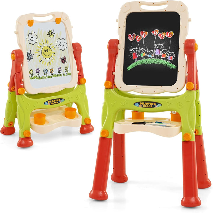 COSTWAY Tafel Kinder, doppelseitige Kindertafel höhenverstellbar mit Whiteboard & Kreidetafel, Stand