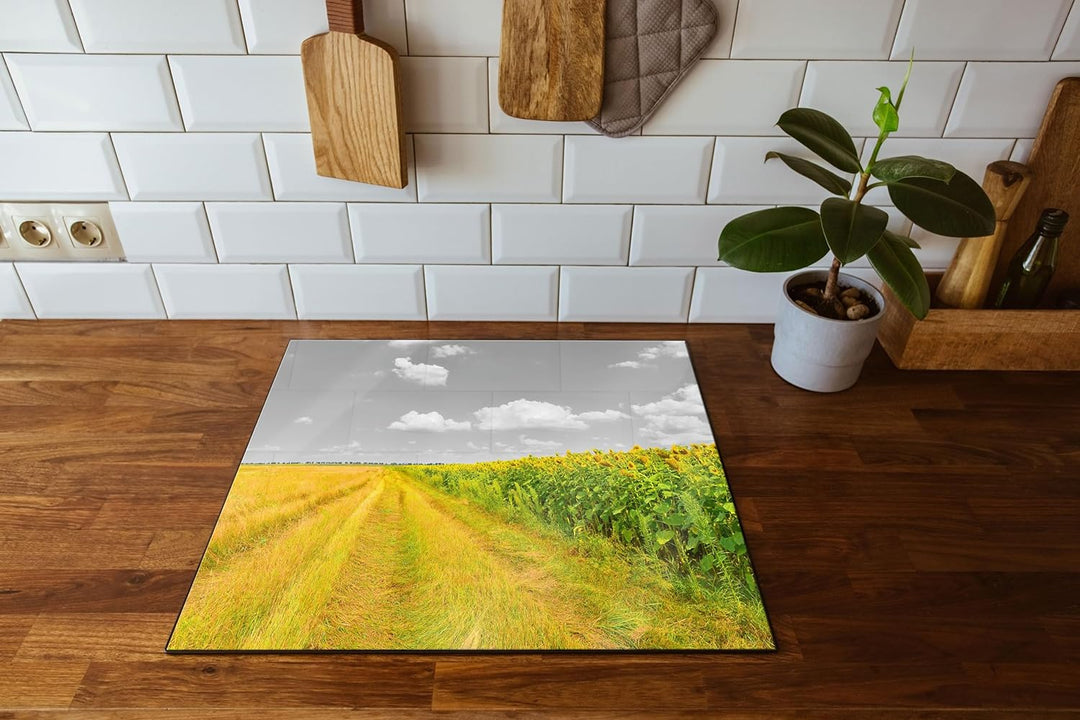 Feldweg Sonnenblumen Herdabdeckplatte & Spritzschutz aus Echtglas | Für Herd-Kochfelder | 60x52 cm