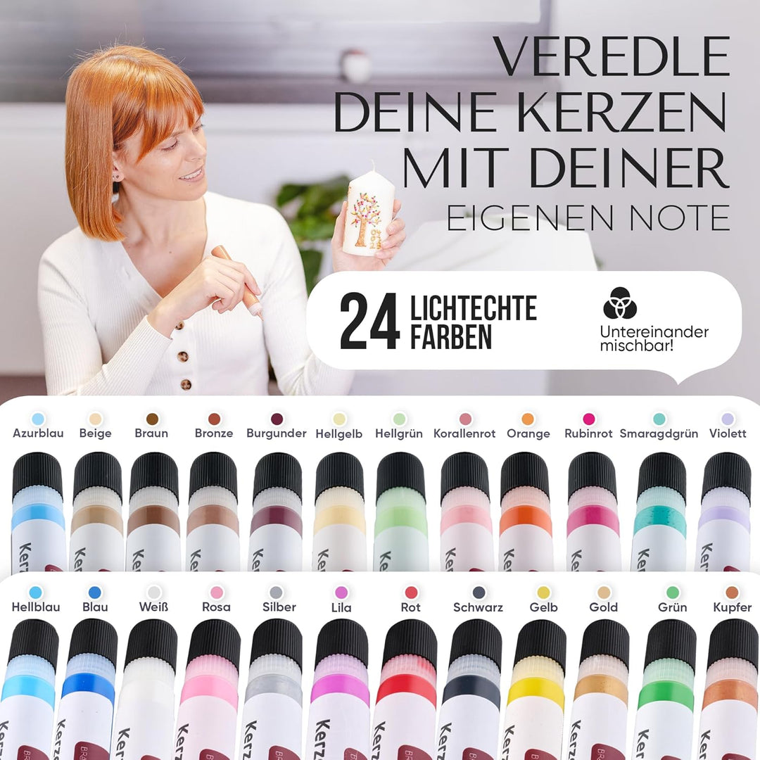 Brandalo® Premium 24er Set Kerzenstifte á 30ml leuchtende Farben – Candle Pen für Kerzen - Taufkerze