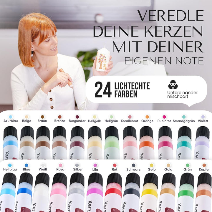 Brandalo® Premium 24er Set Kerzenstifte á 30ml leuchtende Farben – Candle Pen für Kerzen - Taufkerze