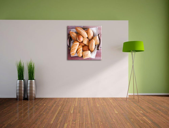 Frische knusprige Brötchen, Format: 70x70 auf Leinwand, XXL riesige Bilder fertig gerahmt mit Keilra