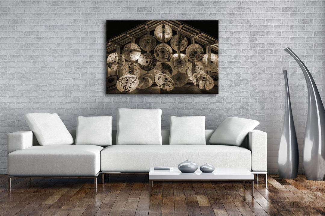 deyoli viele bunte japanische Regenschirme Format: 80x60 Effekt: Sepia als Leinwandbild, Motiv ferti