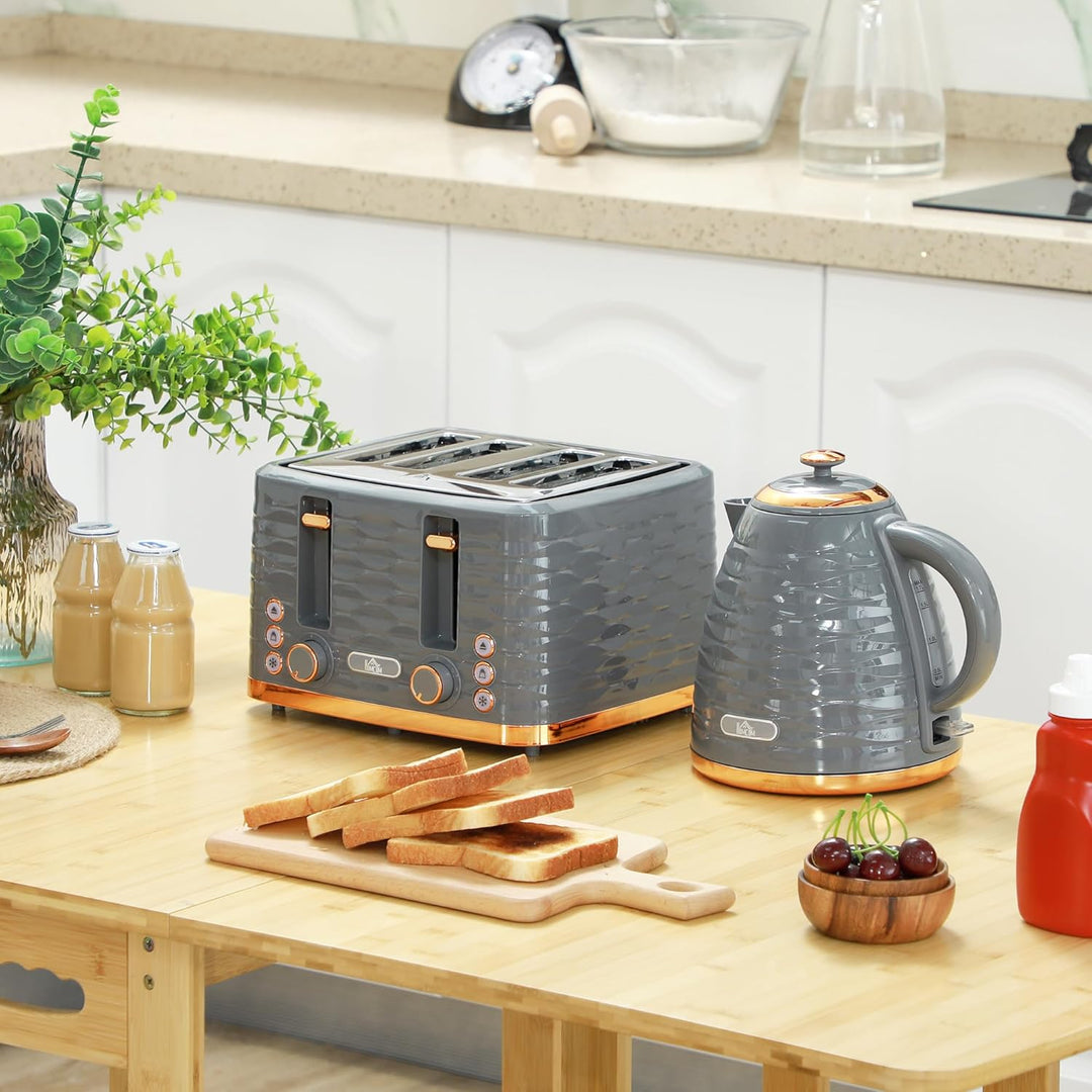 HOMCOM Wasserkocher Toaster Set Frühstück-Set mit 1,7L Wasserkocher, 4 Scheiben Toaster, 2200 W, 7 B
