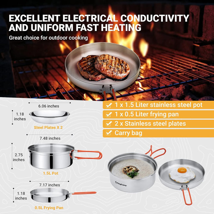 KingCamp Camping Kochgeschirr Set Stainless Steel faltbar Kochset Töpfe Set Geschirr Set Outdoor Koc