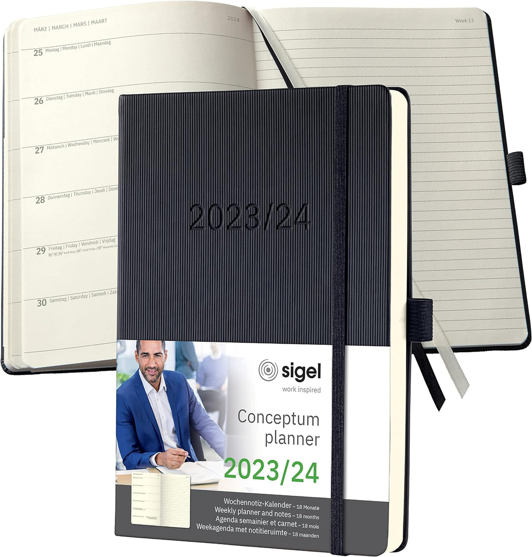 SIGEL C2403 Terminplaner Wochennotiz-Kalender 2023/2024, ca. A5, schwarz, Hardcover, 256 Seiten, Gum