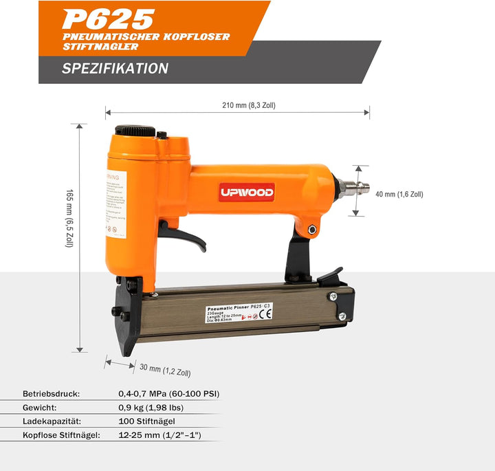 UPWOOD P625 Pneumatischer 23-Gauge Headless Pin Nailer, 1/2-Zoll bis 1-Zoll Schenkellänge Luftbetrie