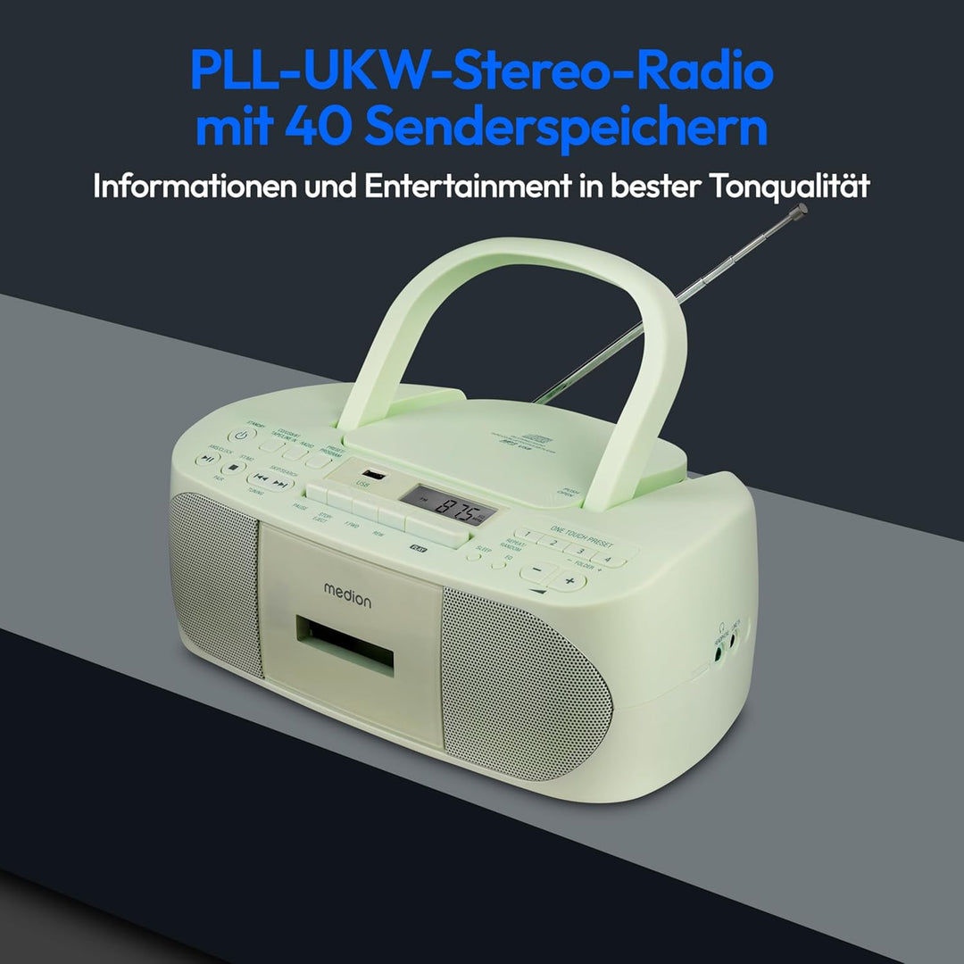 MEDION E65010 Stereoradio (CD-Player, Kassette, USB Anschluss, AUX Audioeingang, MP3-Widergabe. UKW
