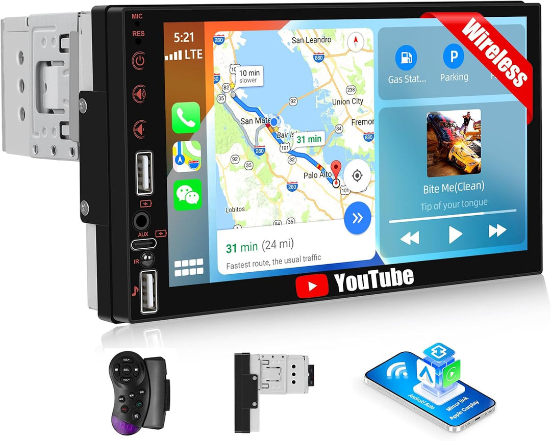 CAMECHO 7 Zoll HD Touchscreen Autoradio mit Drahtlos CarPlay Android Auto,1 Din Carplay Radio mit Bl