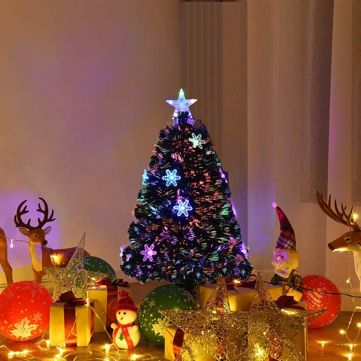 COSTWAY 90cm LED Künstlicher Weihnachtsbaum mit Glasfaser-Farbwechsler und Sternspitze, Mini Tannenb
